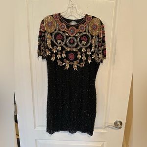 Vintage Jacqueline Ferrar black silk sequin & beaded cocktail dress. Size 12